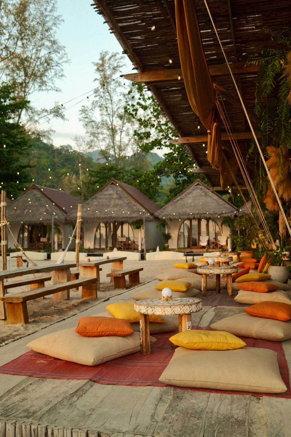 Beach club terrace at golden hour